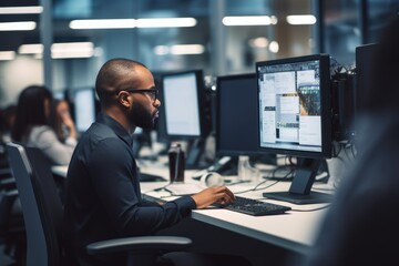 Poster - A man sitting at a desk in front of a computer. Suitable for technology, work, and office-related concepts