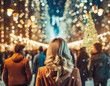 Back of a blonde woman walking on Christmas market at night. City with Christmas decoration . ai generated
