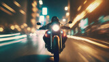 Fototapeta  - motorbike driving fast in city at night. riding motorcycle front view  .ai generated