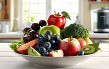 Fruit And Vegetables On A Plate. Blurry Kitchen Background. Healthy Lifestyle. Health And Wellness Concept