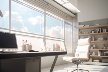Poster - A desk with a computer and a chair positioned in front of a window. Ideal for office or work-related concepts