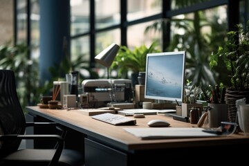 Poster - A desk with a computer monitor and a keyboard. Perfect for technology-related projects