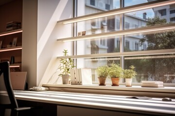 Poster - A window sill with a collection of plants and a laptop. Perfect for showcasing a home office or adding a touch of greenery to any workspace