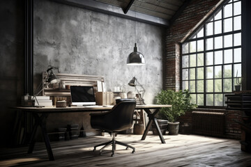Poster - A simple and functional office workspace with a desk, chair, and computer. Ideal for professional and work-related designs