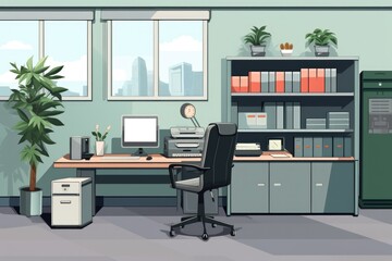 Poster - An office with a desk, computer, and bookshelf. Ideal for business and workspace concepts