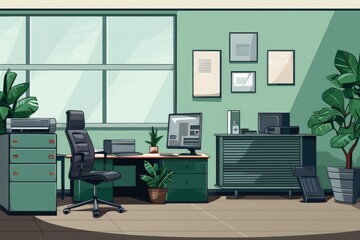 Poster - An office setting with a desk, chair, computer monitor, and a plant. Perfect for depicting a professional workspace or a home office.