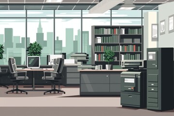 Poster - A busy office with multiple desks and computers. Suitable for corporate, business, and technology-related themes