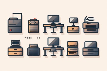 Poster - A complete set of office furniture including a computer and printer. Perfect for creating a productive workspace.
