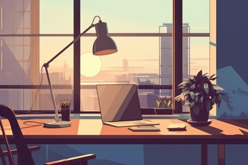 Poster - A desk with a laptop and a lamp. Suitable for office, work, and technology concepts