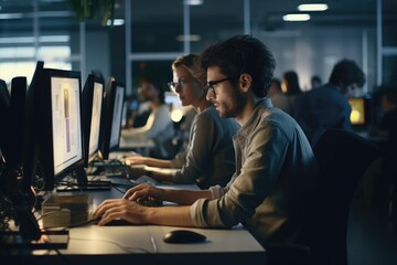 Poster - A man sitting at a desk using a computer. Suitable for depicting work, technology, and productivity