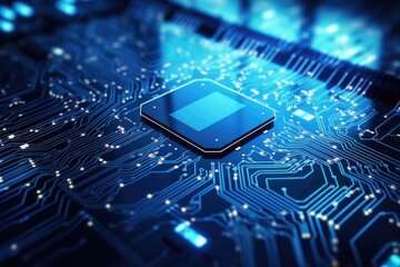 Poster - A detailed close-up view of a computer chip on a circuit board. This image can be used to illustrate technology, electronics, or the inner workings of a computer