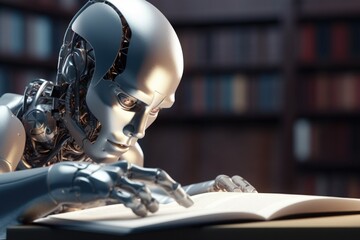 Poster - A robot is seen reading a book in a library. This image can be used to depict futuristic technology or the advancement of artificial intelligence.