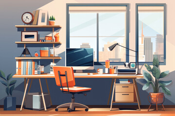 Poster - A desk with a computer and chair positioned in front of a window. Suitable for office, workspace, or remote work concepts