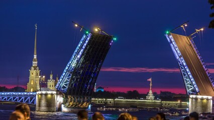 Wall Mural - Timelapse of the Classic Symbol of St. Petersburg's White Nights: The Romantic View of Opening Palace Bridge Spanning Between the Spire of Peter and Paul Fortress