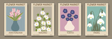  Abstract Set  Flower Market Posters. Trendy Botanical Wall Arts With Floral Design In Bright Colors. Modern Naive Groovy Funky Interior Decorations, Paintings. Vector Art Illustration.