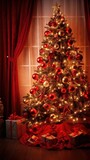 Fototapeta  - Beautiful photo zone with professional equipment and decorated Christmas tree