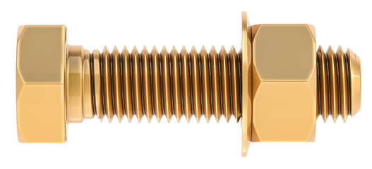 Poster - Golden Bolt with Nut, 3D rendering isolated on transparent background