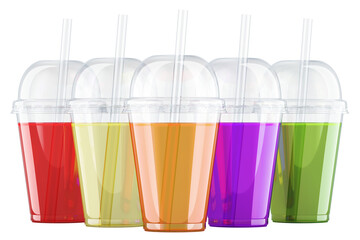 Poster - set of colored drinks. plastic transparent disposable cups with colored beverage, 3d rendering isola