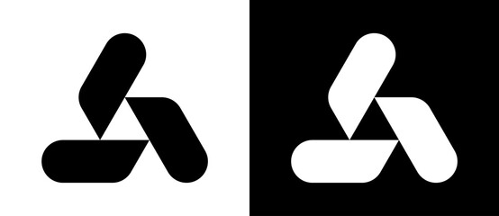 Triangle with 3 rounded shapes as logo, icon or design element. Black shape on a white background and the same white shape on the black side.