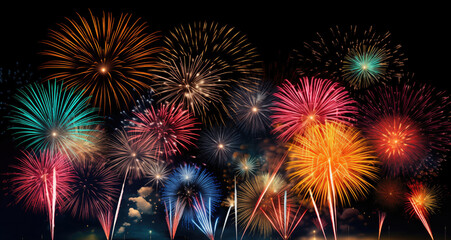 Poster - Colorful firework display on black background for celebration happy new year and merry christmas