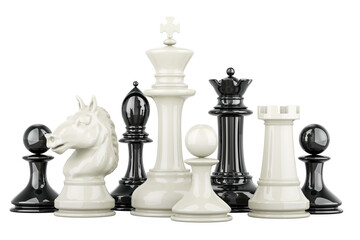 Fototapete - Black and white chess figures, 3D rendering isolated on transparent background