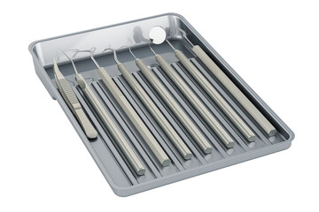 Poster - Set of dental instruments in metallic tray, 3D rendering isolated on transparent background