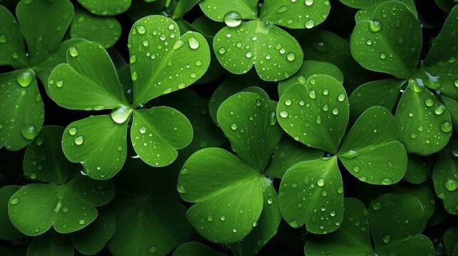 photo of a bunch of clover leafs surrounded by drops of rain water, copy space, 16:9