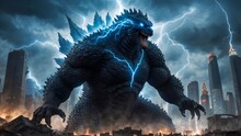 Godzilla Is A Prehistoric Reptilian Monster, Awakened And Empowered After Many Years By Nuclear Radiation. 4K - 8K - 12K TV. Generative AI.