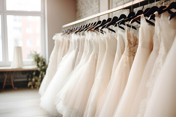 Wall Mural - A diverse array of wedding dresses in bridal store