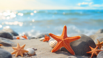 Poster - Starfish Resting on Smooth Pebbles at the Beach Background
