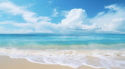Poster - Tranquil Beach with Calm Blue Ocean and Cloudy Sky Background