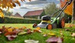 autumn season lawn mowing in the garden