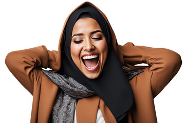 Wall Mural - a high quality stock photograph of a happy young islam woman laughs and screams with joy isolated on white background