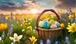 easter eggs basket in a flowerfield