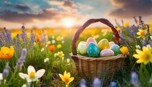Easter Eggs Basket In A Flowerfield