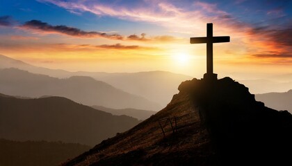 silhouette cross on calvary mountain sunset background easter christmas concept
