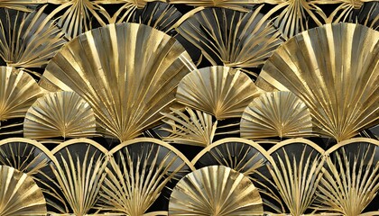 Wall Mural - seamless golden art deco palm fan or shell line pattern vintage 1920 abstract geometric arches gold plated relief sculpture on black background ai generated