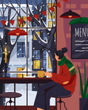 Fototapeta  - Winter cafe or restaurant indoor vector image. Coffeehouse window landscape on street with snowfall. Wintertime mood or vibe at december cafeteria. Urban cold cityscape view during drinking coffee