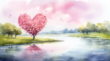 Landscape In Watercolor Of An Idyllic Lake In Spring Time With A Large Pink Heart Shaped Tree, Romance, Love