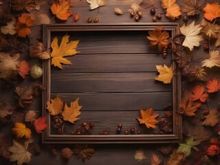 Wall Mural - Colorful autumn leaves corner border over a dark wood banner background. Happy fall autumn halloween holiday thanksgiving background