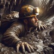 Struggling Miner's CloseUp Realistic Nighttime Capture in Coal Mine
