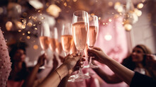 Girls Toast To A Bachelorette Party With Pink Champagne In Glass