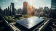 Illustration of a photovoltaic elements integrated an a roof of a building in an north american mega city, sustainable green engergy