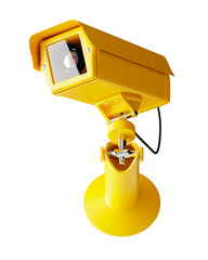 yellow wall-mounted industrial CCTV camera in production or factory. Security concept. Source or layout. 3D render