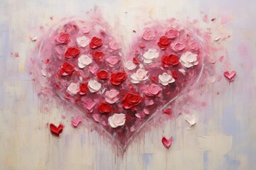 Wall Mural - palette knife textured painting roses with heart 