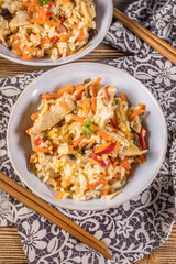 Canvas Print - Fried chicken with rice and vegetables.