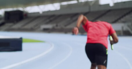 Poster - Fitness, relay and running sports for athletics, training or exercising in competitive race on the stadium track. Runner passing baton to athlete for sprinting, workout or practice for competition