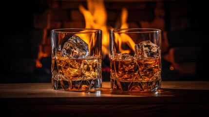 Wall Mural - Two glasses of cognac or whisky with ice, fireplace in the background