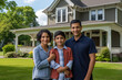 Happy Mexican, Latino, Indian family in front of their house, home, real estate. Homeowners, renters, mom, dad, kids, children, blended families, diverse families, standing in front of their property