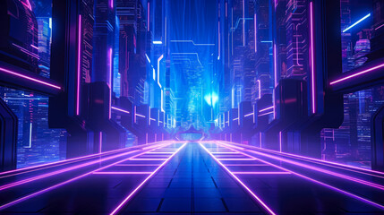 Wall Mural - Futuristic city at night with neon lights